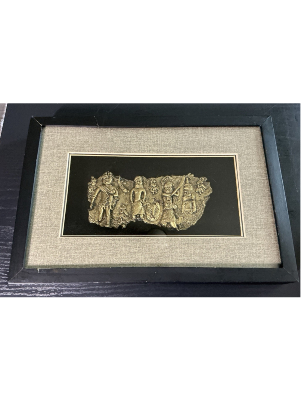Vintage African Benin Bronze Style Relief Plaque Shadow Box Wall Decor 12x8.